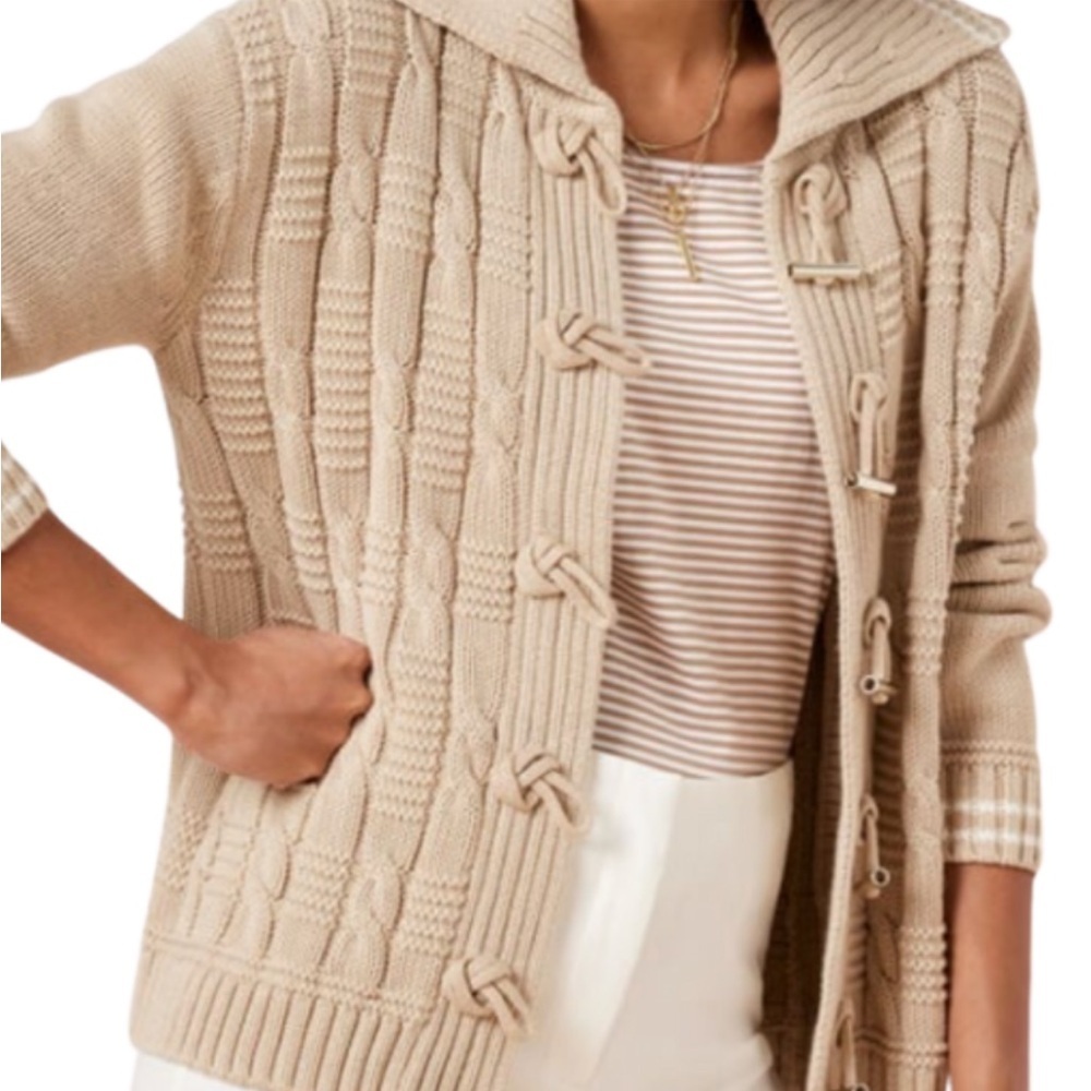 Talbots XS Cable Knit Coatigan Cardigan Sweater Tan Toggle Close Cropped Sailor